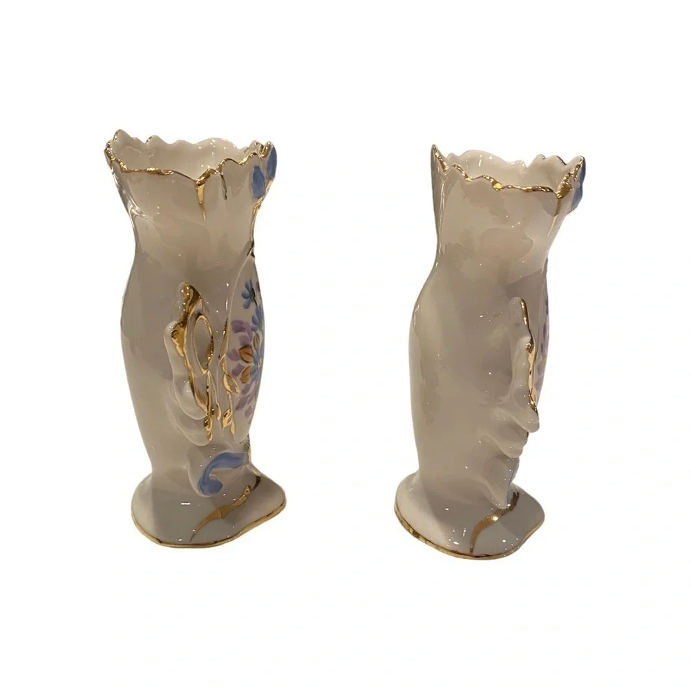 Weisley China Floral Hand Painted Gold Gilded Porcelain Bud Vase Vtg.  Set of 2